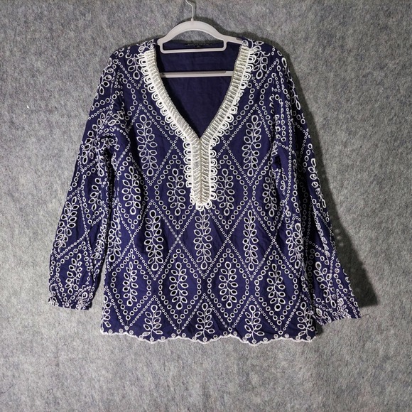 Boston Proper Tunic L Blue Navy Long Sleeve Embroidered Beaded Bohemian Cottage - Picture 2 of 11
